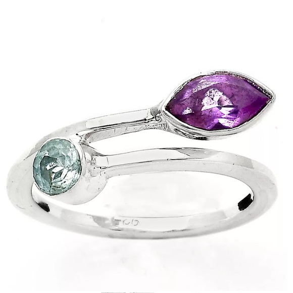 Amethyst and Aquamarine sterling silver ring size 6 - Picture 2 of 3
